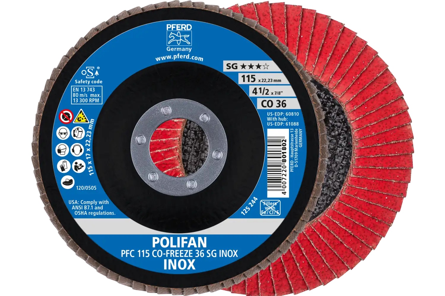 Picture of Pferd Flap Disc, 4-1/2" x 7/8, CO-Freeze SG Inox, 36 Grit, T29, Conical, Ceramic